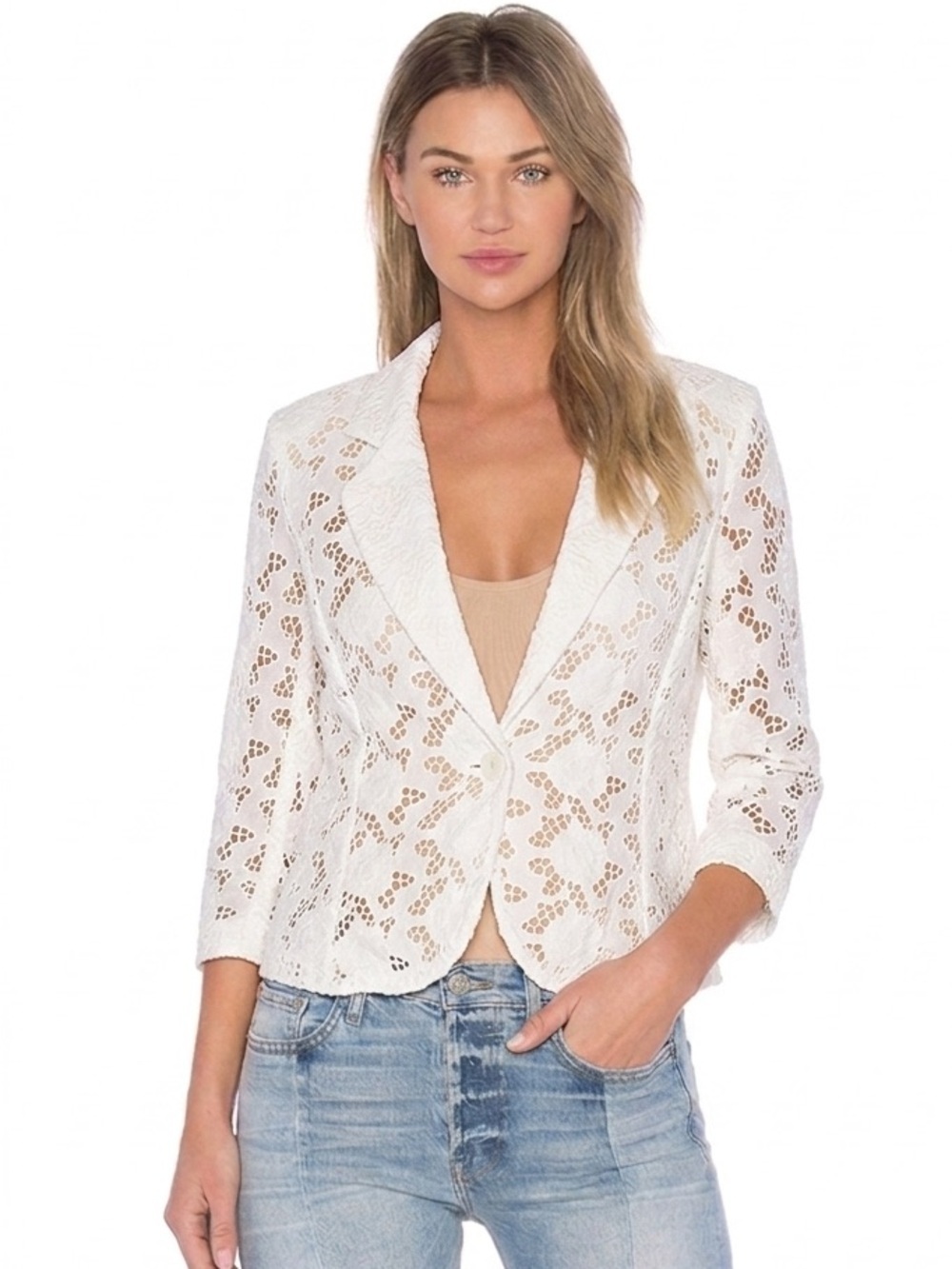 SANDRO Eyelet Lace White Cotton Pearl Button  L Boho Blazer Jacket Lined Blend